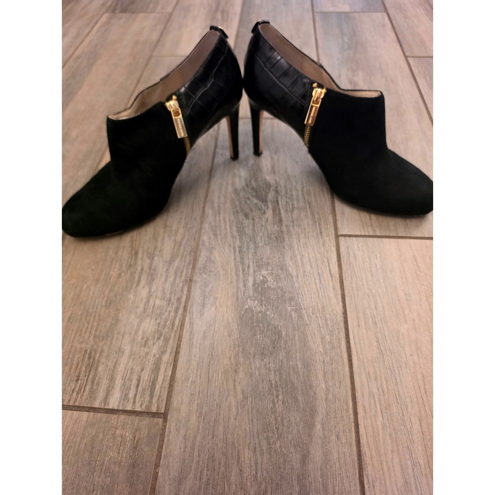 Michael Kors Black Suede Croc Embossed Leather Ankle Booties Gold Zip Heels 9M